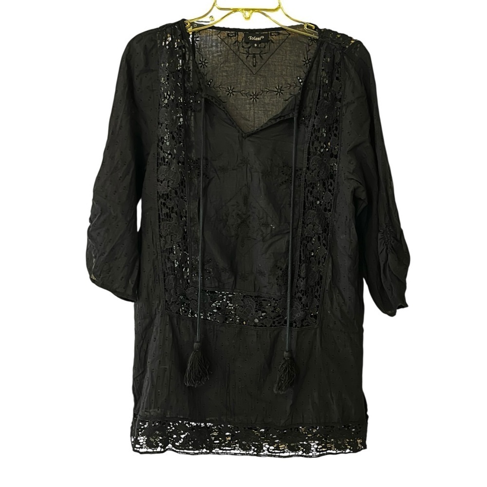 Tolani Embroidered lace knit semi sheer swimsuit beach cover up dress Tassels S